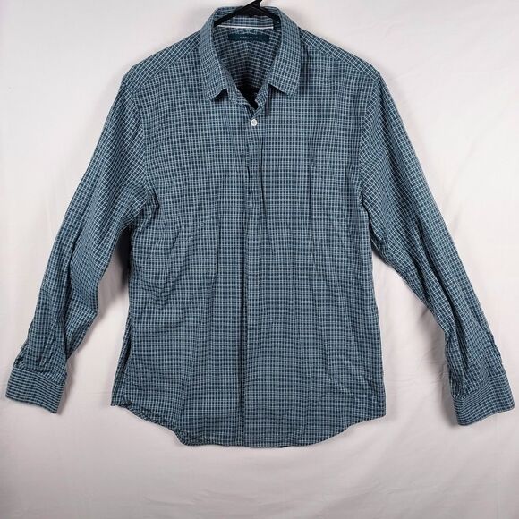 Perry Ellis M Cotton Check Button-Up Shirt Long Sleeve Casual Grid Pattern - Picture 1 of 9